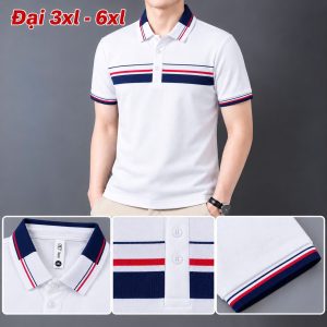 Áo thun nam cổ trụ giá sỉ 00042 – size đại phối bản ngực sọc đỏ – xanh than (Trắng) - xưởng sỉ Hoàng Hưng