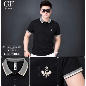 Áo thun nam cổ trụ giá sỉ 00045 – thêu logo thiên nga ngực, bo tay kẻ be (Đen) - xưởng sỉ Hoàng Hưng