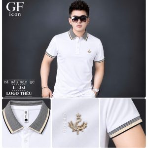 Áo thun nam cổ trụ giá sỉ 00045 – thêu logo thiên nga ngực, bo tay kẻ be (Trắng) - xưởng sỉ Hoàng Hưng