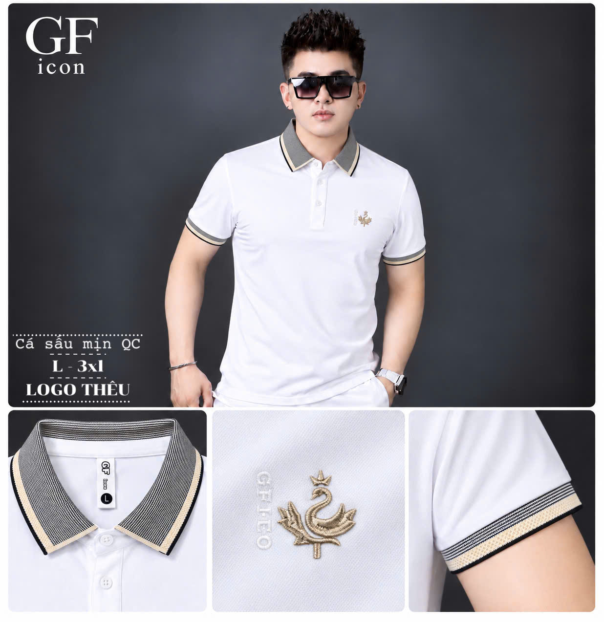 Áo thun nam cổ trụ giá sỉ 00045 – thêu logo thiên nga ngực, bo tay kẻ be (Trắng) - xưởng sỉ Hoàng Hưng