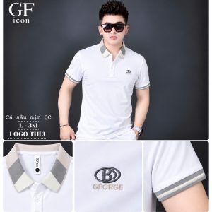 Áo thun nam cổ trụ giá sỉ 00046 – thêu logo chữ B tròn ngực, cổ phối kẻ xám (Trắng) - xưởng sỉ Hoàng Hưng