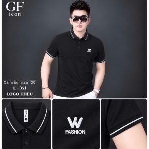 Áo thun nam cổ trụ giá sỉ 00047 – thêu logo chữ W ngực, bo cổ viền kẻ (Đen) - xưởng sỉ Hoàng Hưng