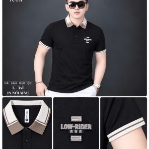 Áo thun nam cổ trụ giá sỉ 00049 – cổ phối nâu be, in nổi màu chữ ngực (Đen) - xưởng sỉ Hoàng Hưng