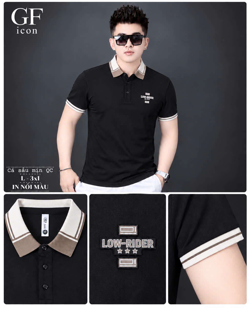 Áo thun nam cổ trụ giá sỉ 00049 – cổ phối nâu be, in nổi màu chữ ngực (Đen) - xưởng sỉ Hoàng Hưng