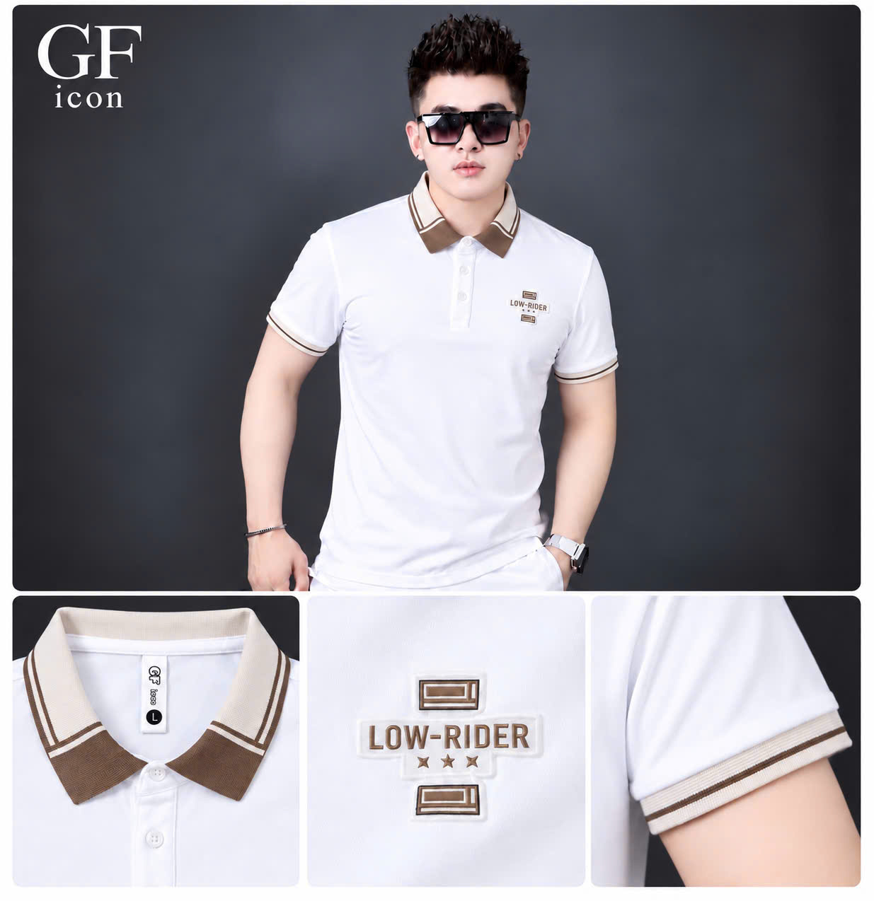 Áo thun nam cổ trụ giá sỉ 00049 – cổ phối nâu be, in nổi màu chữ ngực (Trắng) - xưởng sỉ Hoàng Hưng