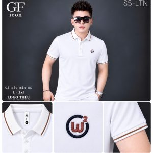 Áo thun nam cổ trụ giá sỉ 00051 – thêu logo tròn ngực, viền nâu bo cổ (Trắng) - xưởng sỉ Hoàng Hưng