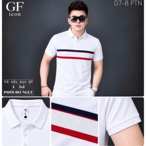 Áo thun nam cổ trụ giá sỉ 00052 – phối bo ngang ngực đỏ – trắng – xanh than (Trắng) - xưởng sỉ Hoàng Hưng