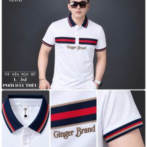 Áo thun nam cổ trụ giá sỉ 00054 – phối dây thêu ngang ngực sọc đỏ – xanh than (Trắng) - xưởng sỉ Hoàng Hưng