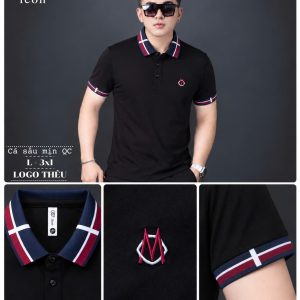Áo thun nam cổ trụ giá sỉ 00055 – thêu logo chữ M ngực, cổ kẻ đỏ – xanh than (Đen) - xưởng sỉ Hoàng Hưng