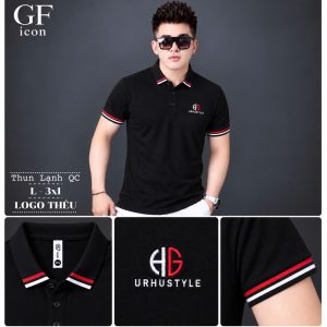 Áo thun nam cổ trụ giá sỉ 00060 – thêu logo chữ HG ngực, bo cổ kẻ đỏ (Đen) - xưởng sỉ Hoàng Hưng
