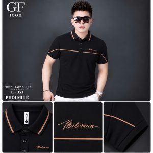 Áo thun nam cổ trụ giá sỉ 00061 – phối mí lé ngang ngực, thêu chữ ký (Đen) - xưởng sỉ Hoàng Hưng