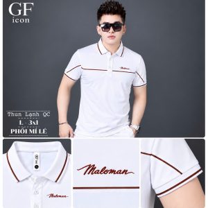 Áo thun nam cổ trụ giá sỉ 00061 – phối mí lé ngang ngực, thêu chữ ký (Trắng) - xưởng sỉ Hoàng Hưng