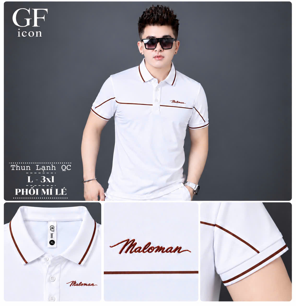 Áo thun nam cổ trụ giá sỉ 00061 – phối mí lé ngang ngực, thêu chữ ký (Trắng) - xưởng sỉ Hoàng Hưng