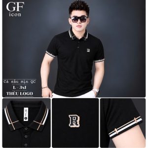 Áo thun nam cổ trụ giá sỉ 00062 – thêu logo chữ R ngực, bo tay kẻ (Đen) - xưởng sỉ Hoàng Hưng