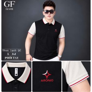 Áo thun nam cổ trụ giá sỉ 00063 – phối tay màu tương phản, thêu logo ngôi sao (Đen) - xưởng sỉ Hoàng Hưng