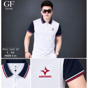 Áo thun nam cổ trụ giá sỉ 00063 – phối tay màu tương phản, thêu logo ngôi sao (Trắng) - xưởng sỉ Hoàng Hưng