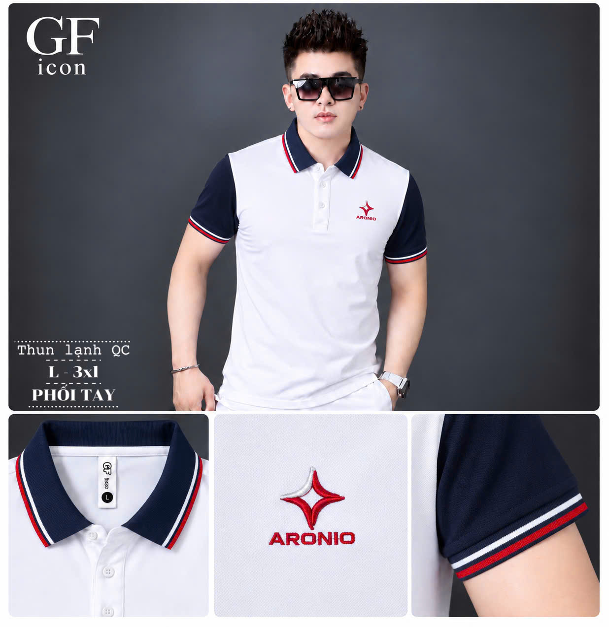 Áo thun nam cổ trụ giá sỉ 00063 – phối tay màu tương phản, thêu logo ngôi sao (Trắng) - xưởng sỉ Hoàng Hưng