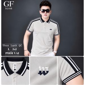 Áo thun nam cổ trụ giá sỉ 00064 – phối sọc vai và tay, thêu chữ m ngực (Be) - xưởng sỉ Hoàng Hưng