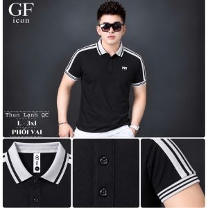 Áo thun nam cổ trụ giá sỉ 00064 – phối sọc vai và tay, thêu chữ m ngực (Đen) - xưởng sỉ Hoàng Hưng