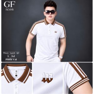 Áo thun nam cổ trụ giá sỉ 00064 – phối sọc vai và tay, thêu chữ m ngực (Trắng) - xưởng sỉ Hoàng Hưng