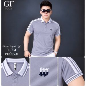 Áo thun nam cổ trụ giá sỉ 00064 – phối sọc vai và tay, thêu chữ m ngực (Xám) - xưởng sỉ Hoàng Hưng