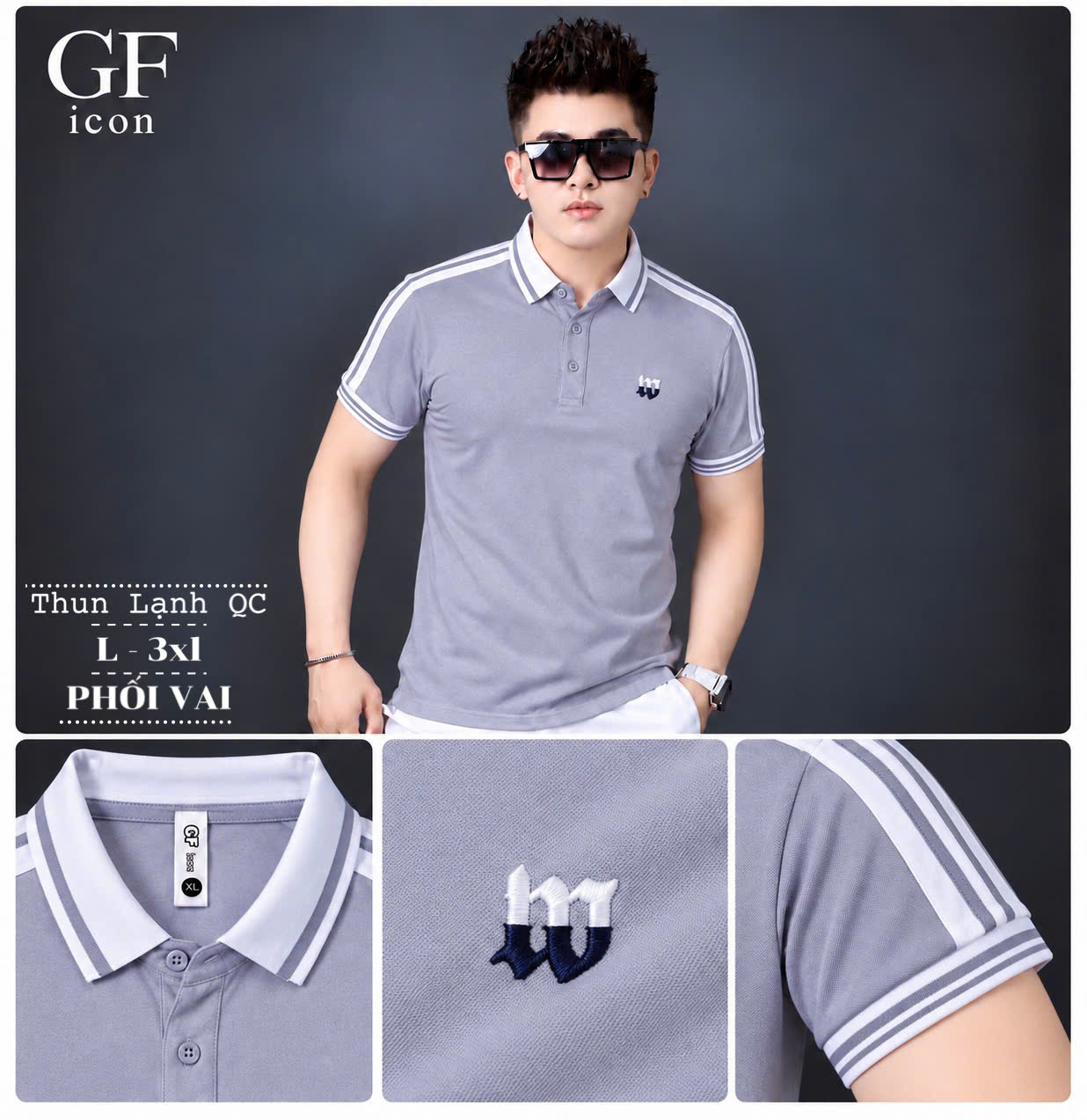 Áo thun nam cổ trụ giá sỉ 00064 – phối sọc vai và tay, thêu chữ m ngực (Xám) - xưởng sỉ Hoàng Hưng