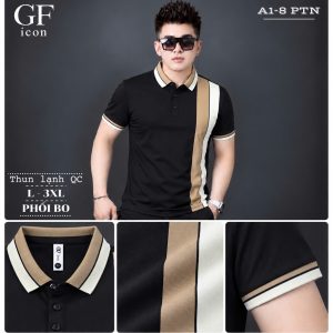 Áo thun nam cổ trụ giá sỉ 00065 – phối bo dọc thân be – trắng (Đen) - xưởng sỉ Hoàng Hưng