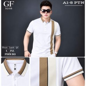Áo thun nam cổ trụ giá sỉ 00065 – phối bo dọc thân be – trắng (Trắng) - xưởng sỉ Hoàng Hưng