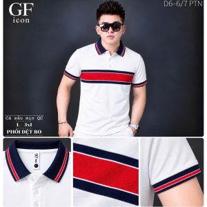 Áo thun nam cổ trụ giá sỉ 00067 – phối dệt bo ngang ngực đỏ viền xanh than (Trắng) - xưởng sỉ Hoàng Hưng