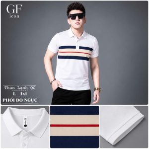 Áo thun nam cổ trụ giá sỉ 00071 – phối bo ngực sọc xanh than – đỏ (Trắng) - xưởng sỉ Hoàng Hưng