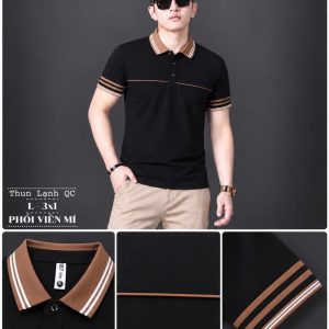 Áo thun nam cổ trụ giá sỉ 00072 – phối viền mí nâu ngang ngực (Đen) - xưởng sỉ Hoàng Hưng