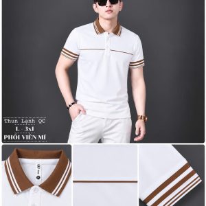 Áo thun nam cổ trụ giá sỉ 00072 – phối viền mí nâu ngang ngực (Trắng) - xưởng sỉ Hoàng Hưng