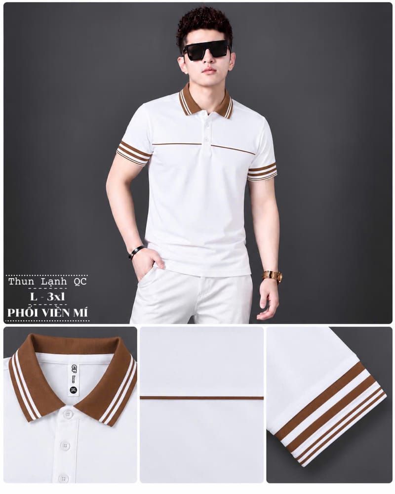 Áo thun nam cổ trụ giá sỉ 00072 – phối viền mí nâu ngang ngực (Trắng) - xưởng sỉ Hoàng Hưng