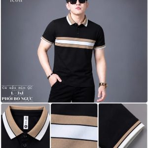 Áo thun nam cổ trụ giá sỉ 00073 – phối bo ngực be – trắng (Đen) - xưởng sỉ Hoàng Hưng