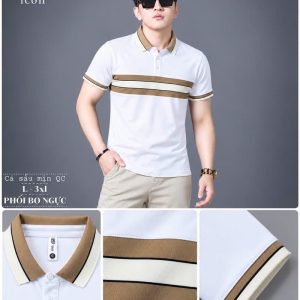 Áo thun nam cổ trụ giá sỉ 00073 – phối bo ngực be – trắng (Trắng) - xưởng sỉ Hoàng Hưng