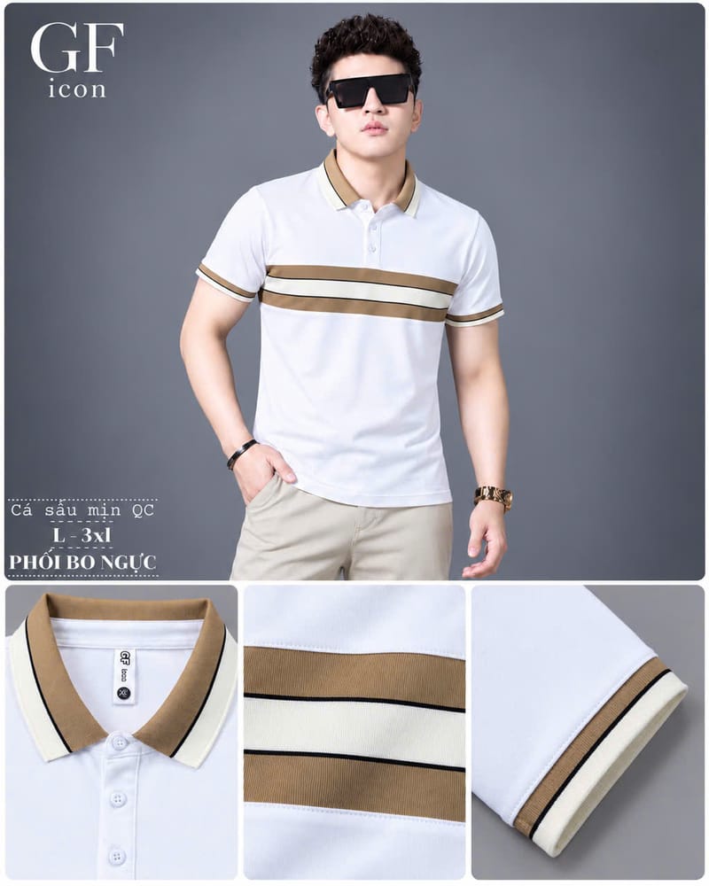 Áo thun nam cổ trụ giá sỉ 00073 – phối bo ngực be – trắng (Trắng) - xưởng sỉ Hoàng Hưng