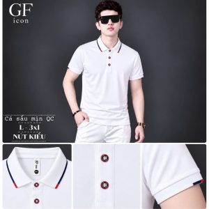 Áo thun nam cổ trụ giá sỉ 00075 – nút kiểu, bo cổ viền đỏ (Trắng) - xưởng sỉ Hoàng Hưng
