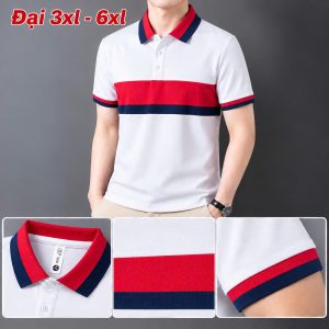 Áo thun nam cổ trụ giá sỉ 00076 – size đại phối bản ngang ngực đỏ – xanh than (Trắng) - xưởng sỉ Hoàng Hưng