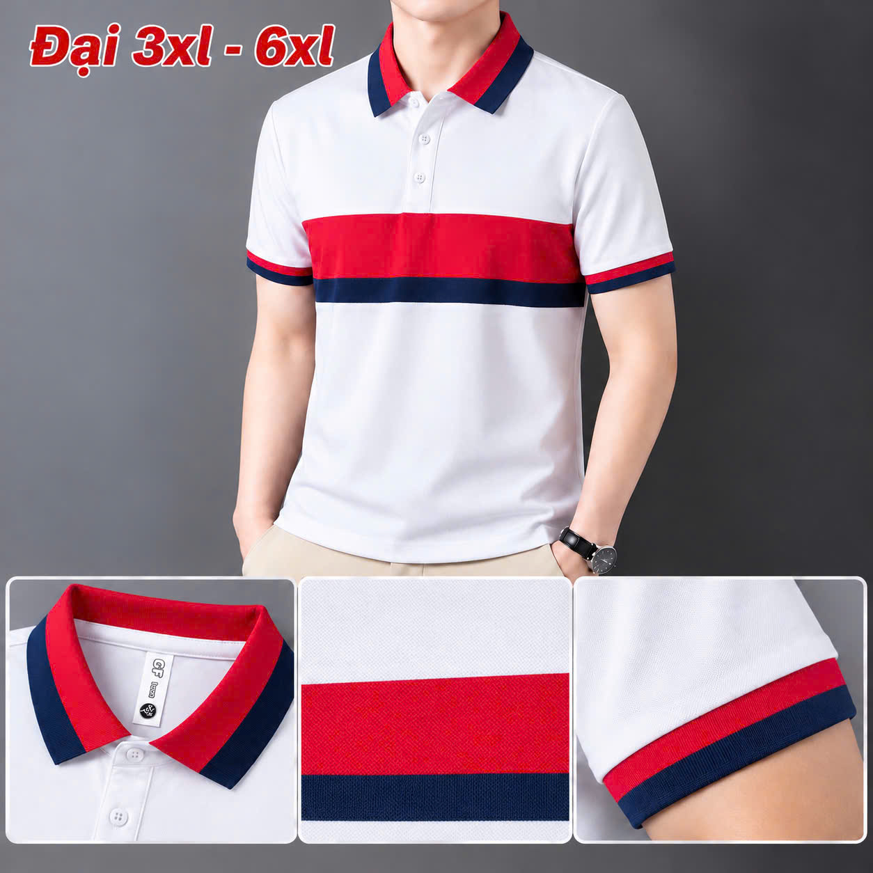 Áo thun nam cổ trụ giá sỉ 00076 – size đại phối bản ngang ngực đỏ – xanh than (Trắng) - xưởng sỉ Hoàng Hưng