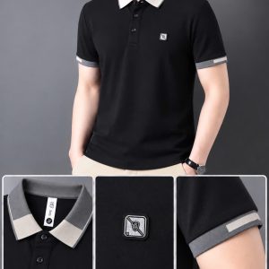 Áo thun nam cổ trụ giá sỉ 00077 – size đại logo vuông ngực, cổ phối xám (Đen) - xưởng sỉ Hoàng Hưng