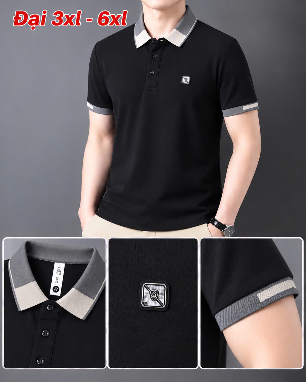 Áo thun nam cổ trụ giá sỉ 00077 – size đại logo vuông ngực, cổ phối xám (Đen) - xưởng sỉ Hoàng Hưng