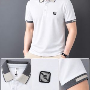 Áo thun nam cổ trụ giá sỉ 00077 – size đại logo vuông ngực, cổ phối xám (Trắng) - xưởng sỉ Hoàng Hưng