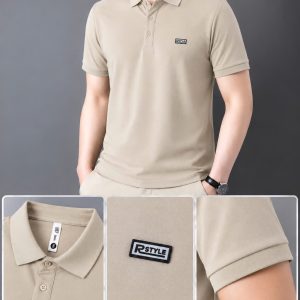 Áo thun nam cổ trụ giá sỉ 00078 – size đại gắn tem logo chữ nhật ngực trái (Be) - xưởng sỉ Hoàng Hưng