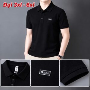 Áo thun nam cổ trụ giá sỉ 00078 – size đại gắn tem logo chữ nhật ngực trái (Đen) - xưởng sỉ Hoàng Hưng