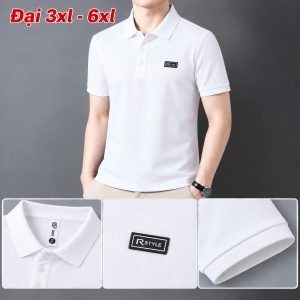 Áo thun nam cổ trụ giá sỉ 00078 – size đại gắn tem logo chữ nhật ngực trái (Trắng) - xưởng sỉ Hoàng Hưng
