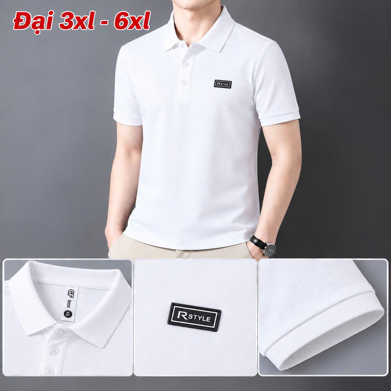 Áo thun nam cổ trụ giá sỉ 00078 – size đại gắn tem logo chữ nhật ngực trái (Trắng) - xưởng sỉ Hoàng Hưng