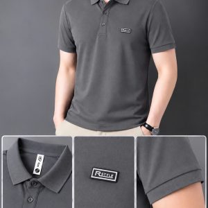 Áo thun nam cổ trụ giá sỉ 00078 – size đại gắn tem logo chữ nhật ngực trái (Xám) - xưởng sỉ Hoàng Hưng