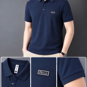 Áo thun nam cổ trụ giá sỉ 00078 – size đại gắn tem logo chữ nhật ngực trái (Xanh than) - xưởng sỉ Hoàng Hưng