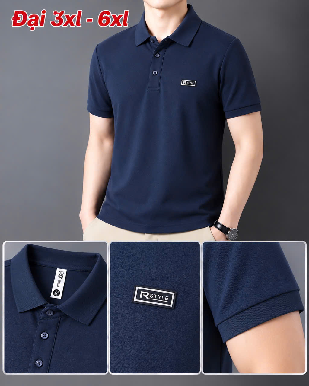 Áo thun nam cổ trụ giá sỉ 00078 – size đại gắn tem logo chữ nhật ngực trái (Xanh than) - xưởng sỉ Hoàng Hưng