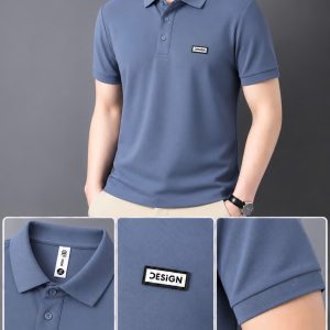 Áo thun nam cổ trụ giá sỉ 00078 – size đại gắn tem logo chữ nhật ngực trái (Xanh xám) - xưởng sỉ Hoàng Hưng